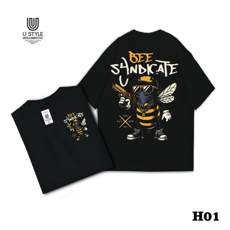 Kaos Streetwear Catton  24s-Poliester - Hitam – Desain "BEE SHINDICATE" H01