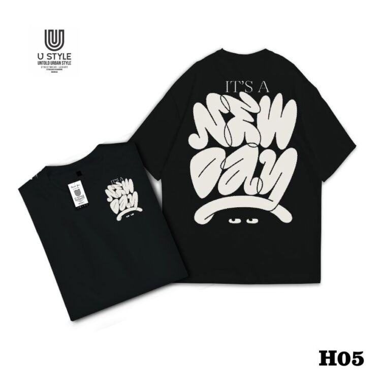 Kaos Streetwear Catton  24s-Poliester - Hitam – Desain "NEW DAY "H05