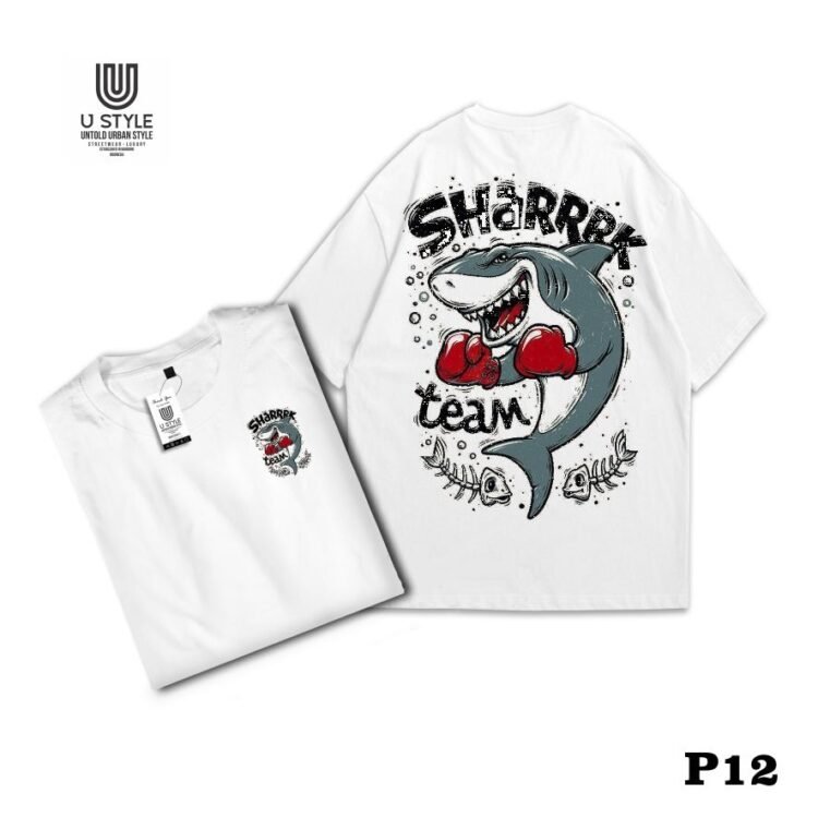 Kaos Streetwear Catton  24s-Poliester - Putih – Desain "SHARK TEAM" P12