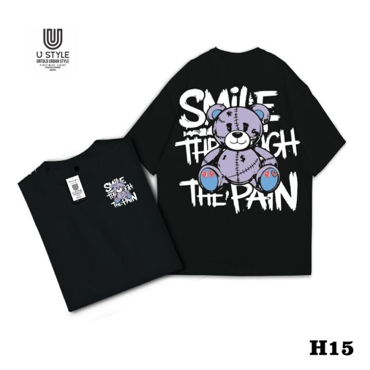 Kaos Streetwear Catton  24s-Poliester - Hitam – Desain "SMILE THE PAIN" H15