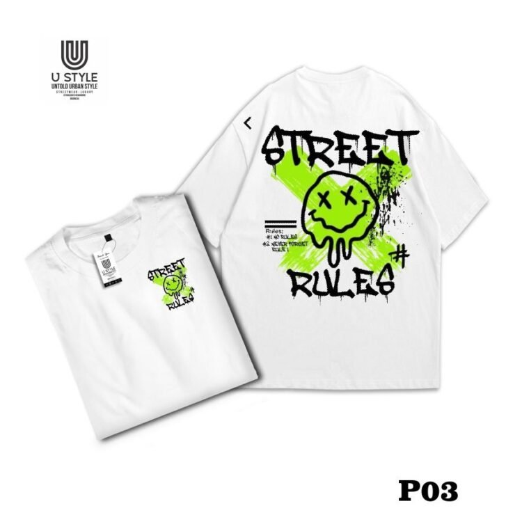 Kaos Streetwear Catton  24s-Poliester- Putih – Desain "STREET RULES" P03